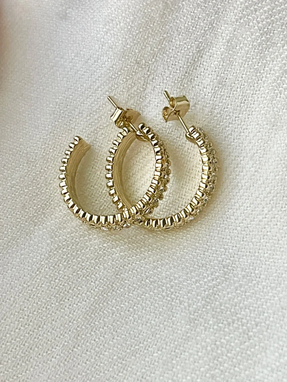 Beautiful Laminated Gold CZ Row Hoop Earrings